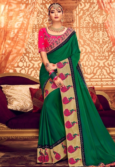 Green satin festival wear saree  1901